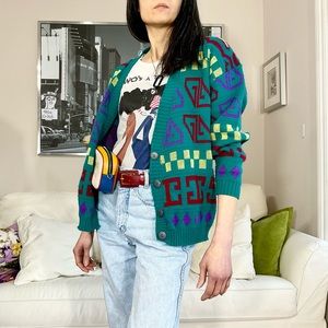 Vintage geometric print button down cardigan